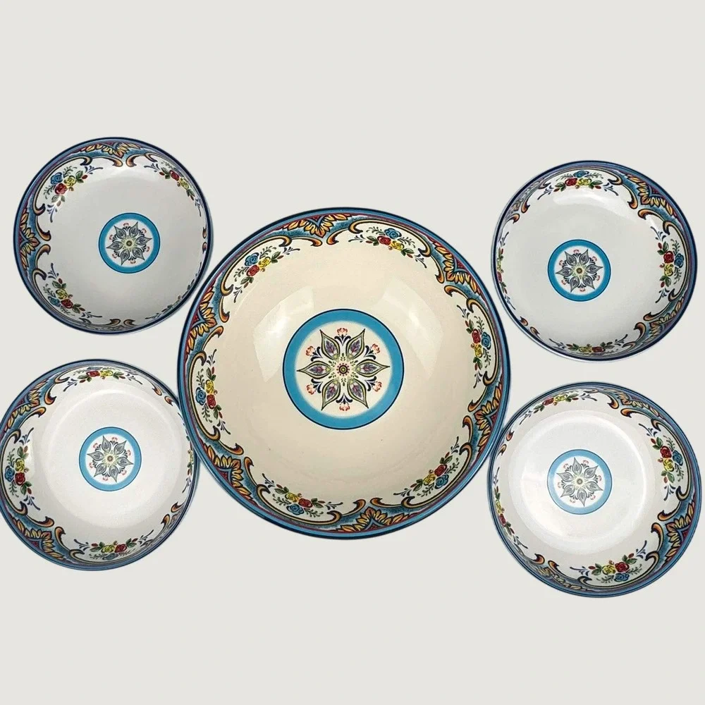 Euro Ceramica Zanzibar 5 Piece Pasta Bowl Set Blue Floral Spanish Design Ceramic